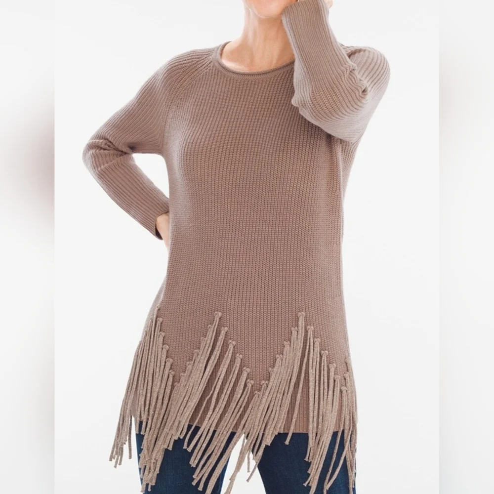 Chico's Women's Tan Long Slv Sparkly Western Tassel Hemline Sweater Size 2/L